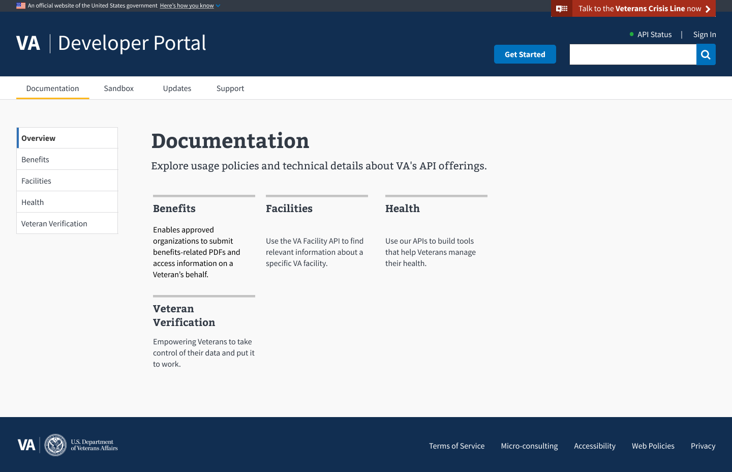 Screenshot for homepage for developer.va.gov
