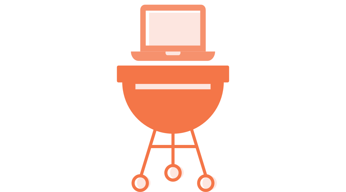 Image of a computer cooking on a charcoal grill, a fun reference to combining camping and computers