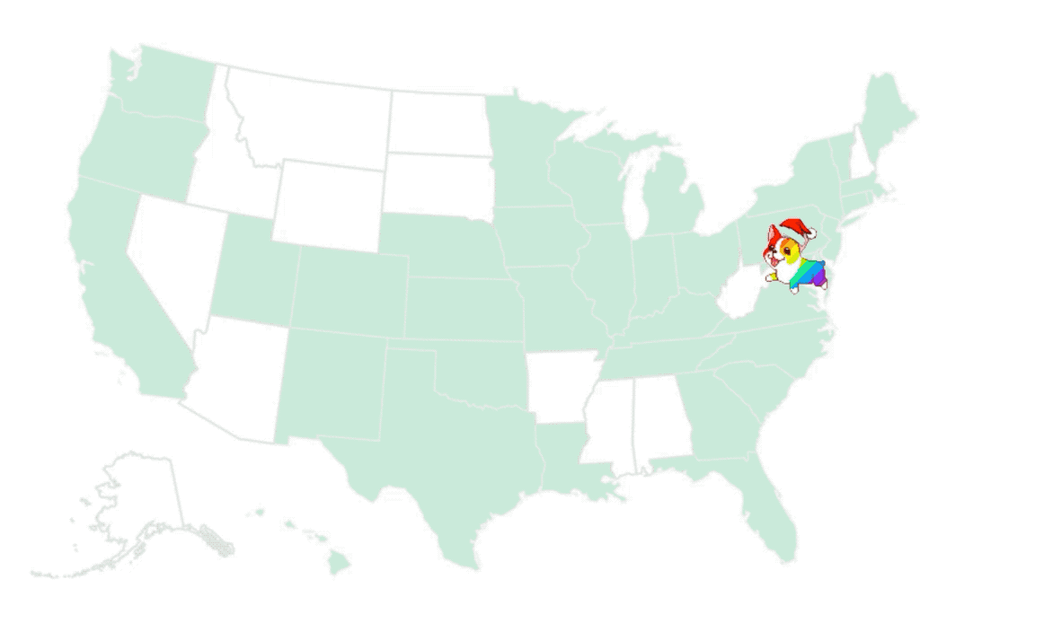 An animated map showing rainbow corgis moving across the country from state to state