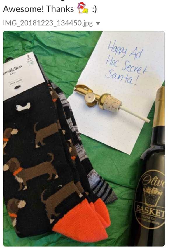Awesome! Thank you secret-corgi! Gift of socks and olive oil.