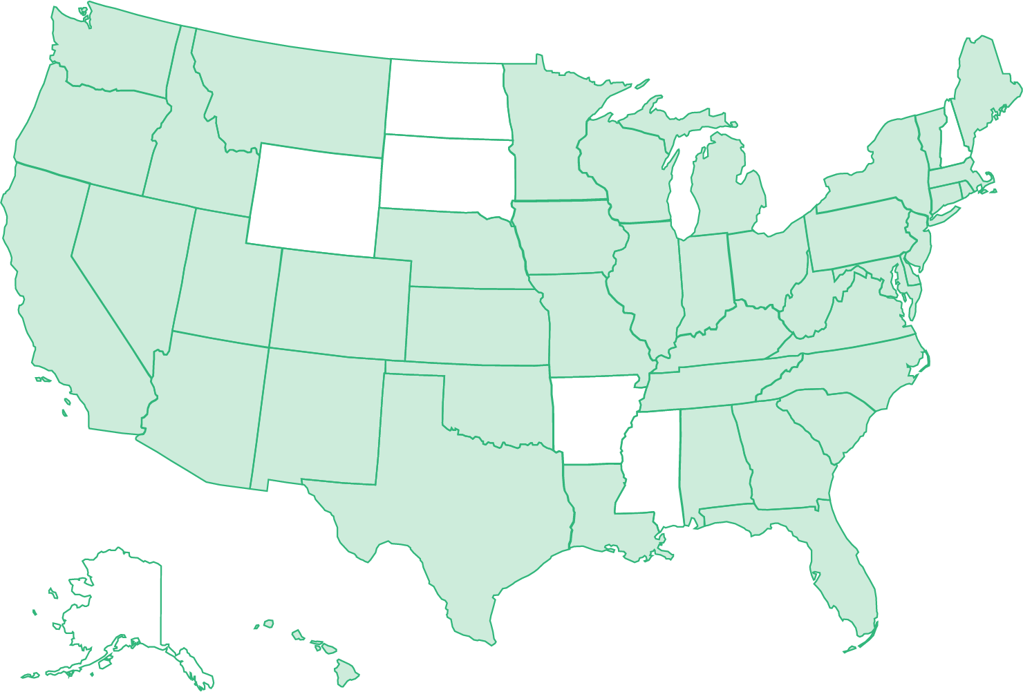 A map of the United States of America showing all the places where Ad Hoc employees live and work.
