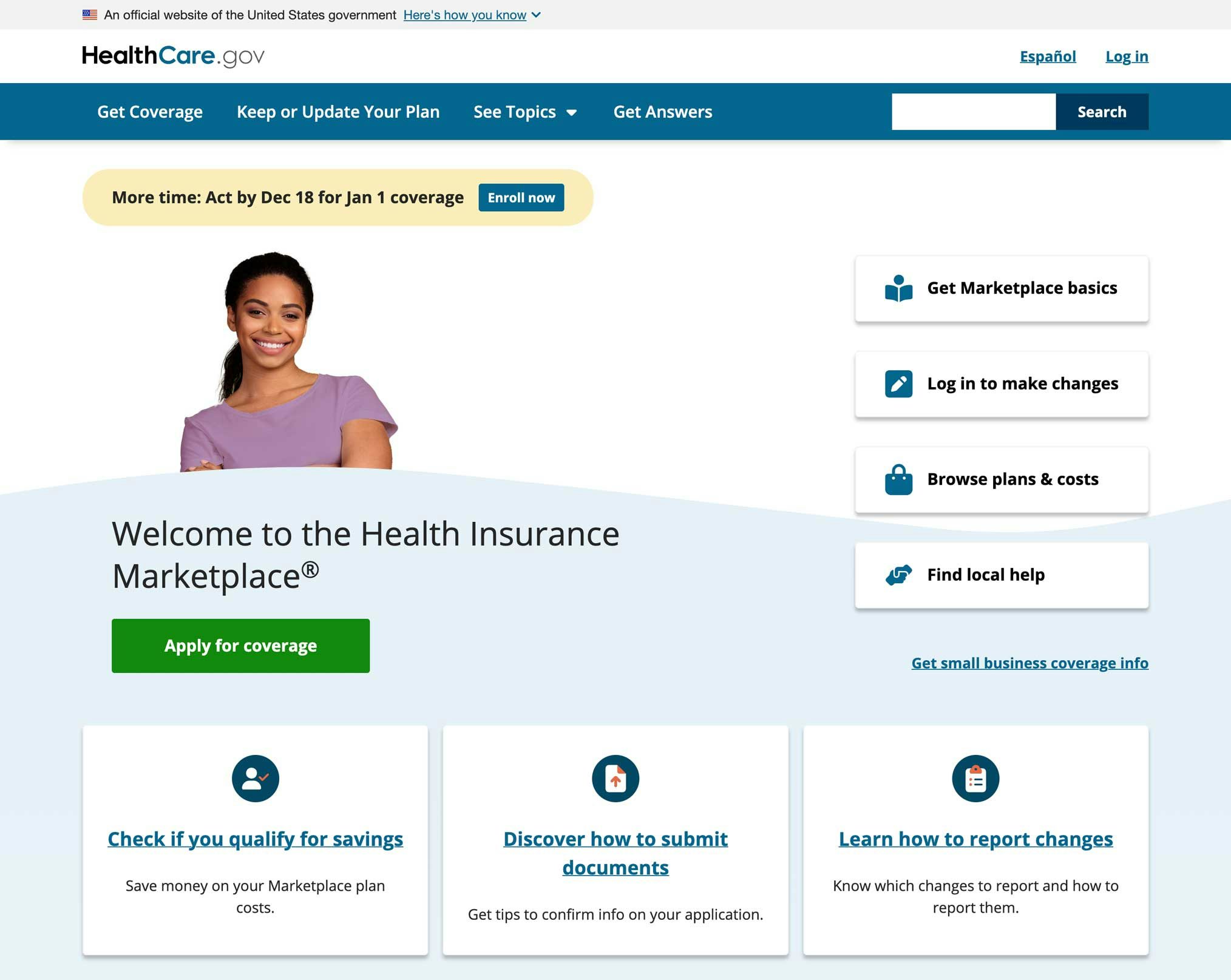 screenshot of the Health Care dot Gov website