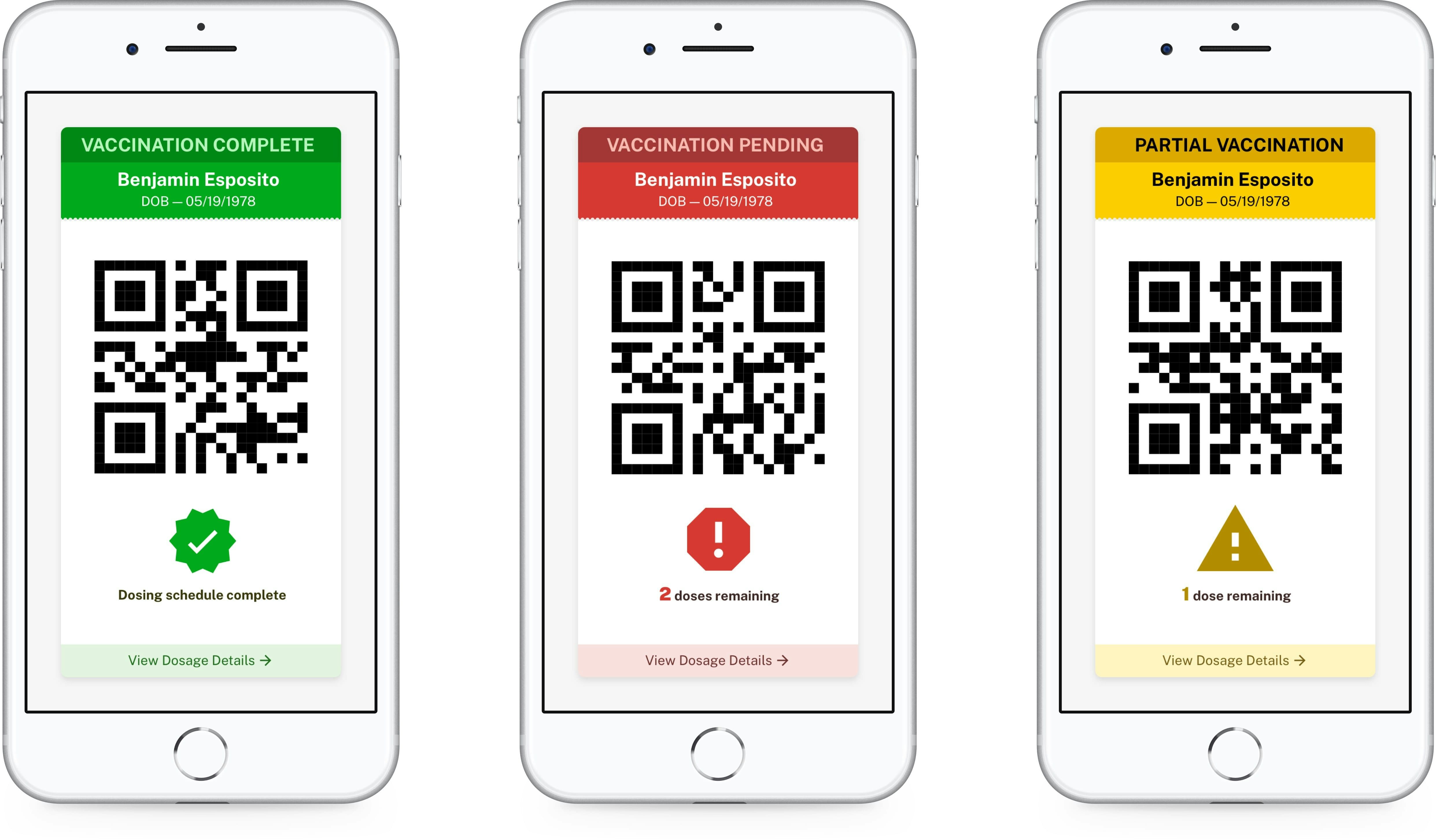 Three mobile phone screens showing patient vaccination status of complete, pending, or partial.