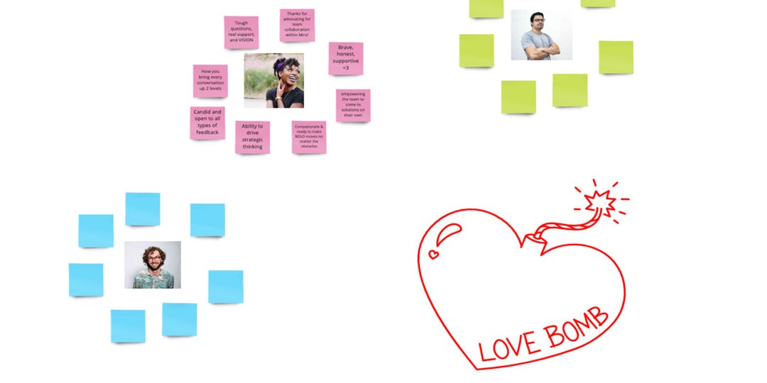 Screenshot of the love bomb template showing team member photos surrounding by sticky notes.