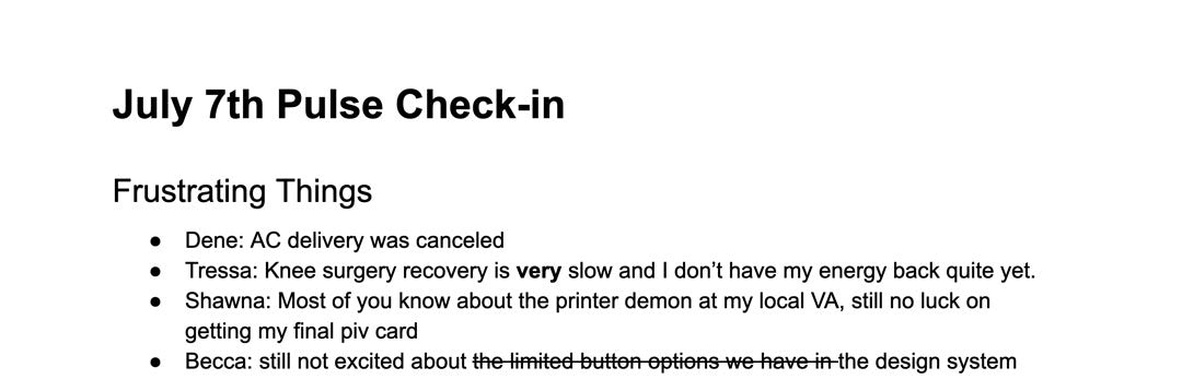 A document with notes from team members about what they currently find frustrating.